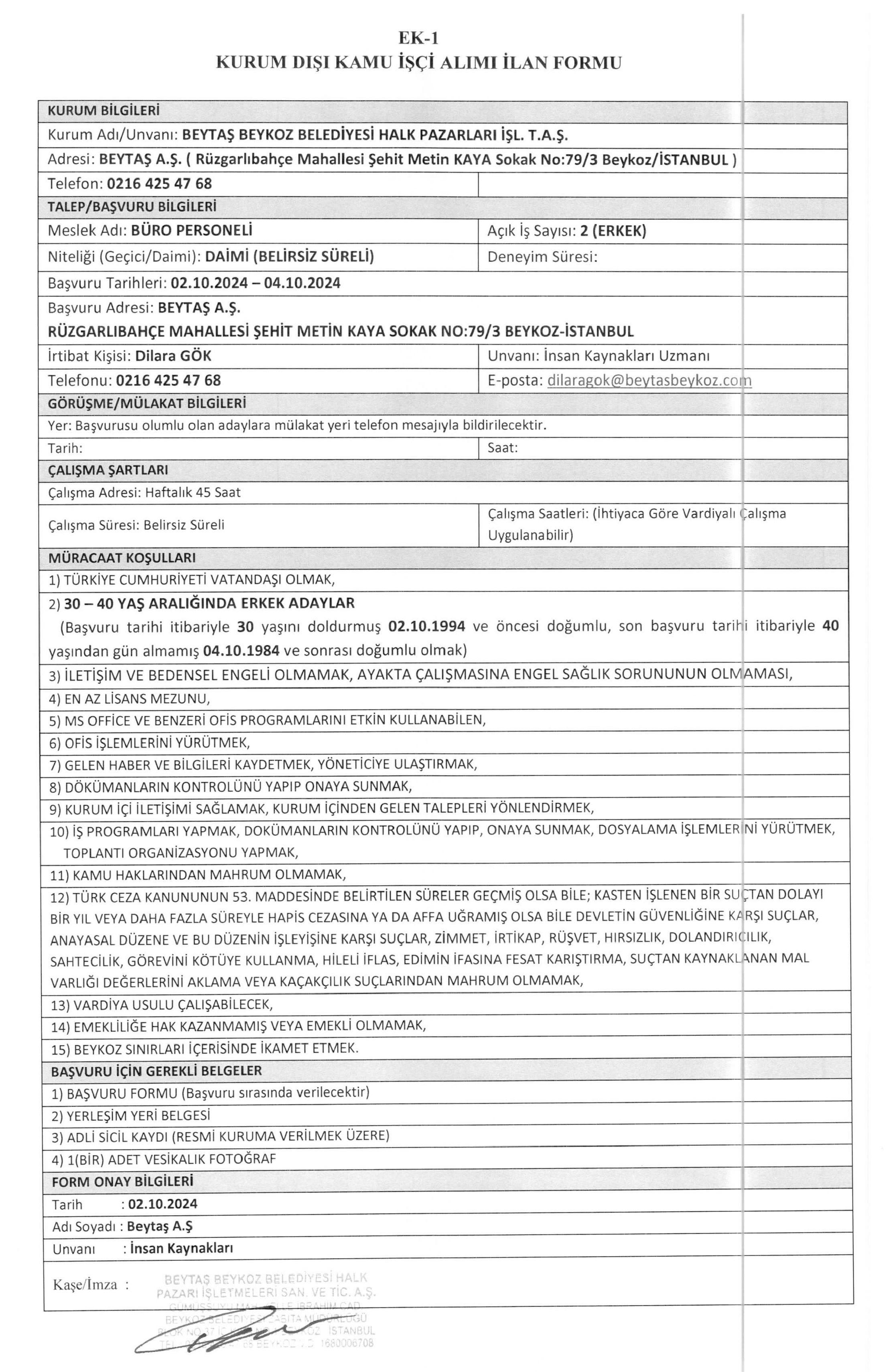 Beytaş A.Ş. Personel Alım Duyurusu (BÜRO PERSONELİ)