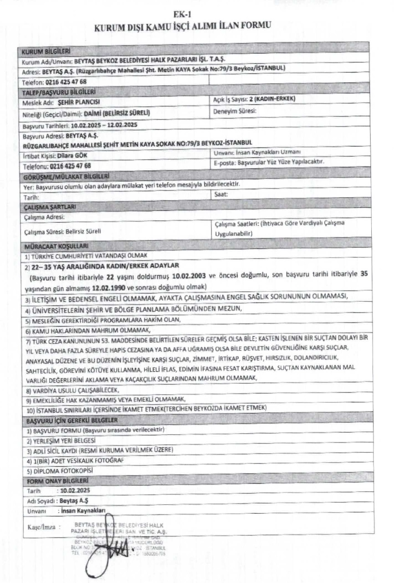 Beytaş A.Ş. Personel Alım Duyurusu (ŞEHİR PLANCISI)