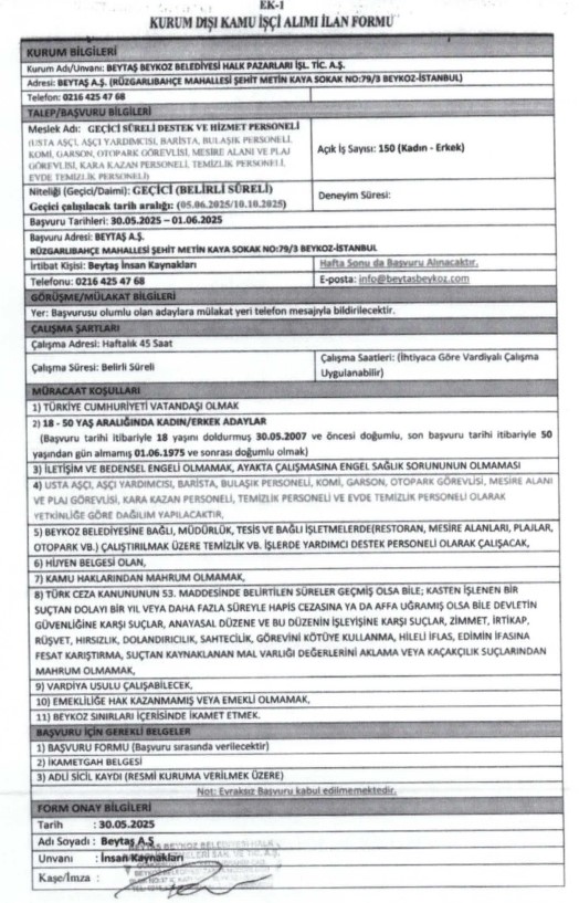 Beytaş A.Ş. Personel Alım Duyurusu (GEÇİCİ SÜRELİ)