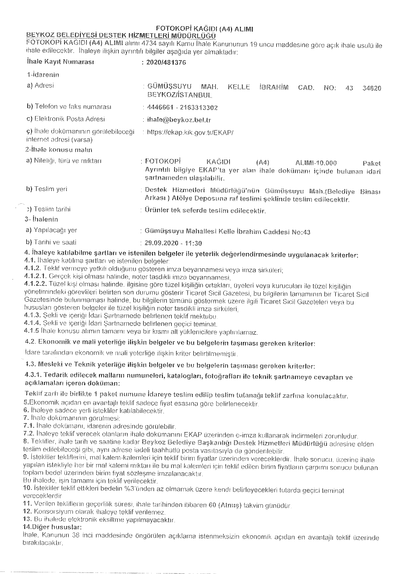 FOTOKOPİ KAĞIDI (A4) ALIMI